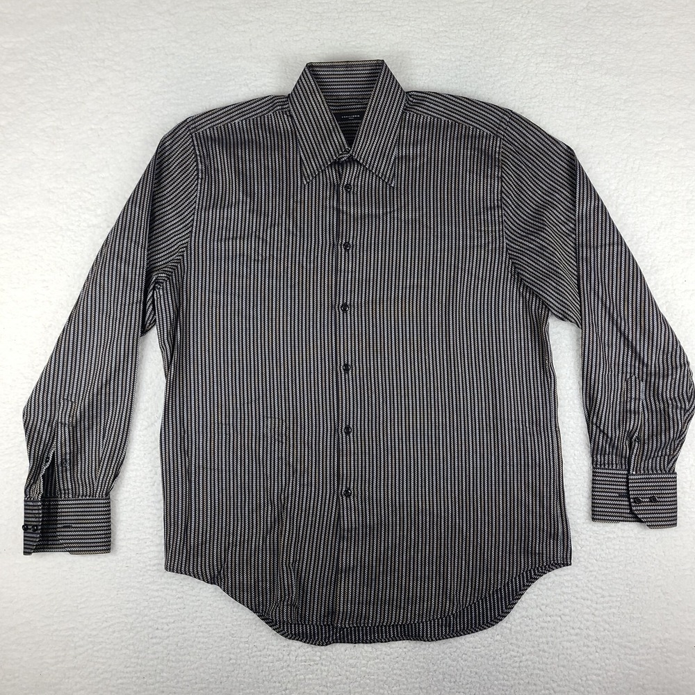 Equilibrio Italia Shirt‎ Mens Large Brown Blue Geometric Striped Dress Button Up
